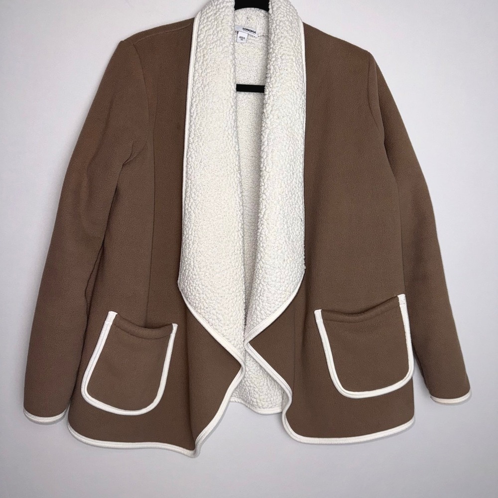 Sonoma Women M Brown Sherpa Lined Open Front Fleece Cardigan Jacket Cabincore